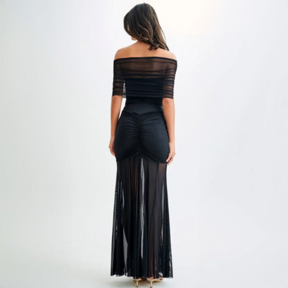 Women Clothing Autumn Tube Top Pleated Mesh Slim Fit Patchwork Dress Two Piece Set by Ragazza
