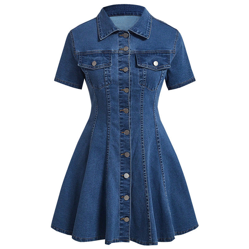 Women Clothing Denim Short Sleeved Cardigan Waist Tight Dress by Ragazza
