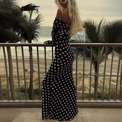 Spring Summer Gauze Polka Dot Stitching off Shoulder Sexy Slim Dress for Women by Ragazza