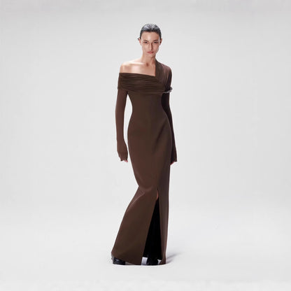 Spring Dark Brown One Shoulder Dress Pleated High Slit Maxi Dress the Dinner Party Host  DestGlow