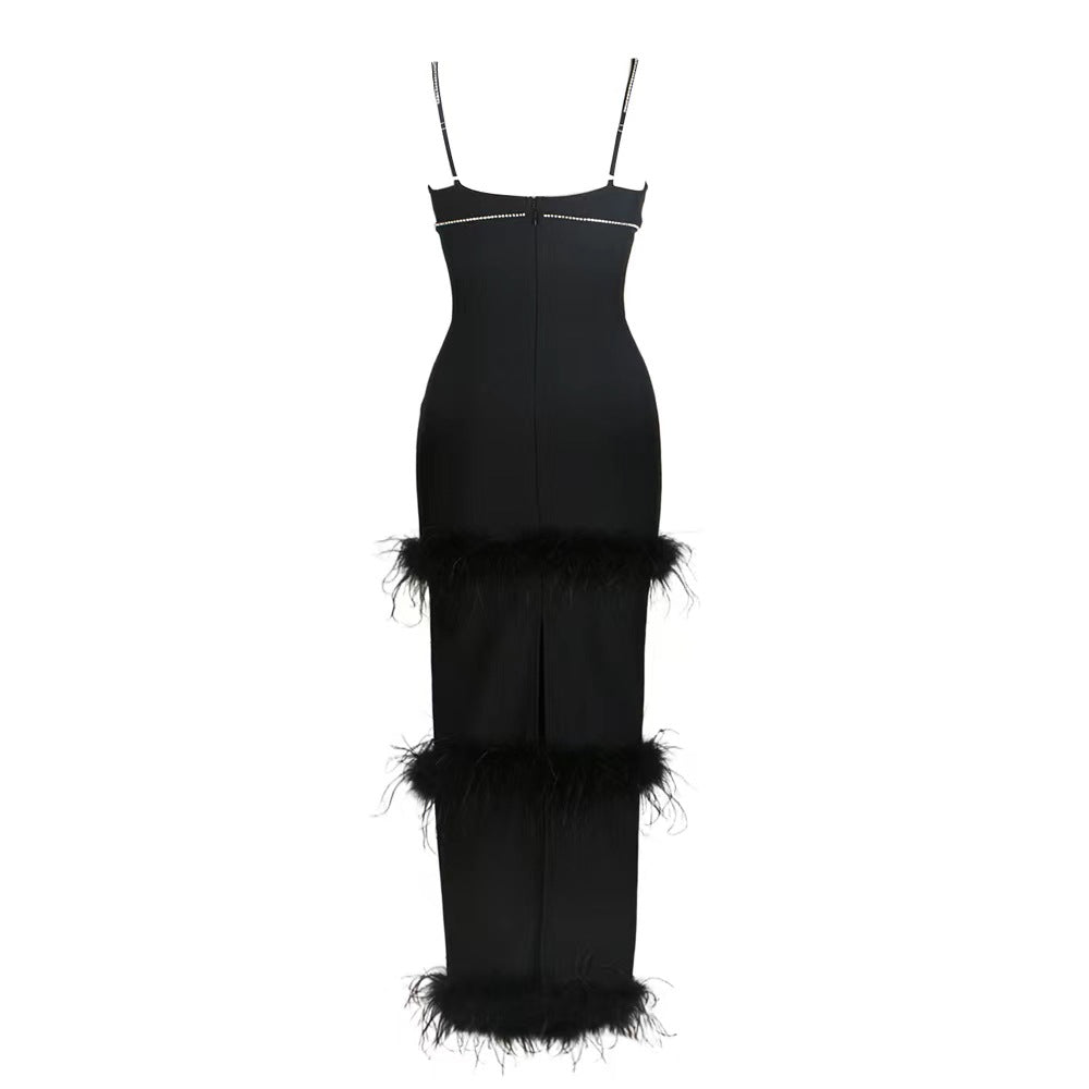 Women Clothing Sexy Black Camisole V neck round Bar Ostrich Hair Chain Knitted Bandage One Piece Dress by Ragazza