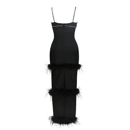 Women Clothing Sexy Black Camisole V neck round Bar Ostrich Hair Chain Knitted Bandage One Piece Dress by Ragazza