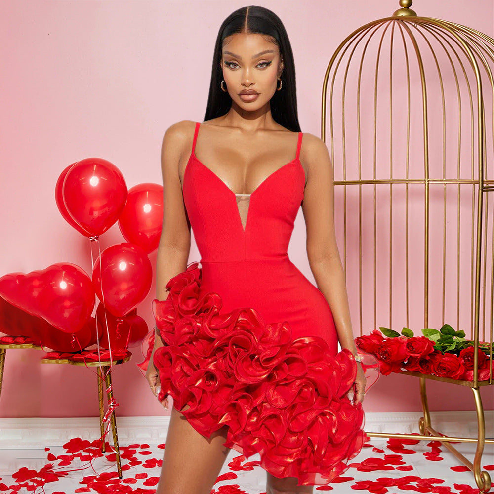 Sexy Sling Solid Color Flounce Irregular Asymmetric Dress by Ragazza