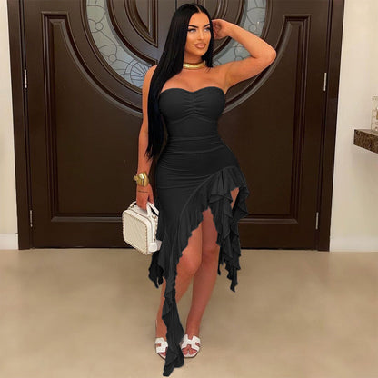 Tube Top Irregular Asymmetric Dress Solid Color Ruffles Dress Women Sheath by Ragazza