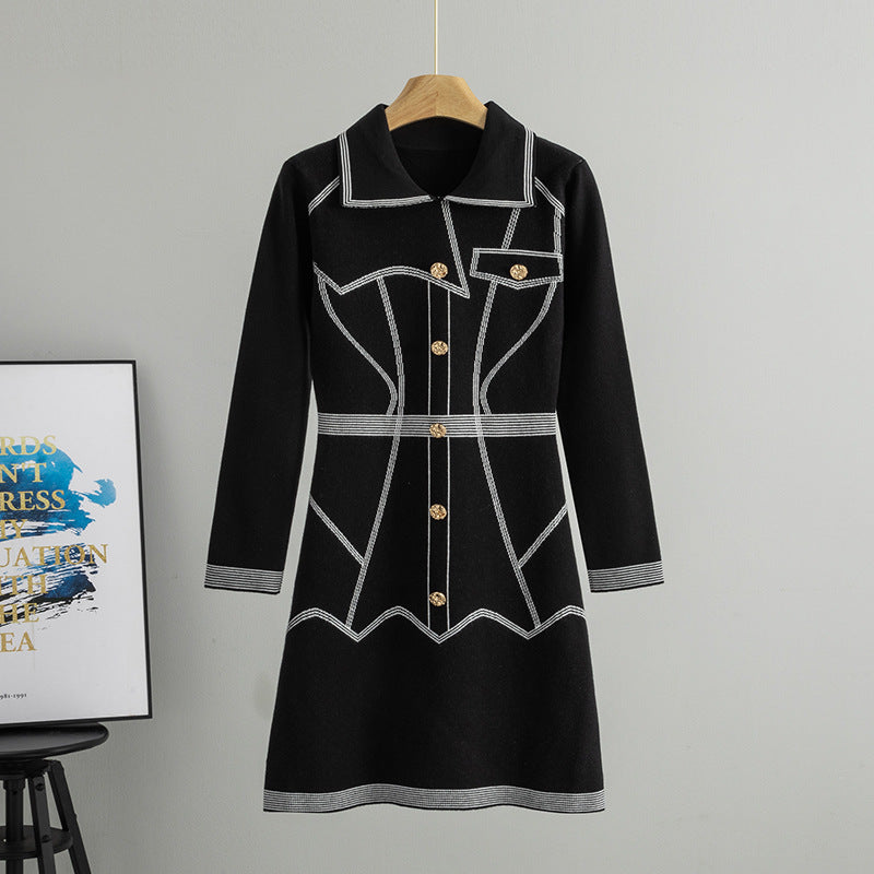 Polo Collar Contrast Color Striped Dress for Women Spring Autumn Elegant Slim Fit Slimming Midi Dress by Ragazza