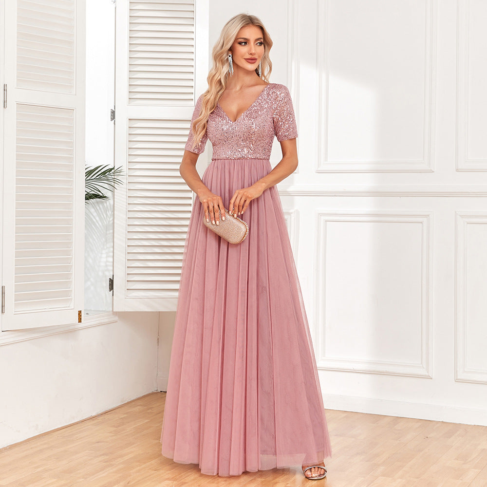 Women Elegant Short Sleeve Stitching Double V Neck A Line Tulle Evening Dress A Swing Sequined Dress by Ragazza