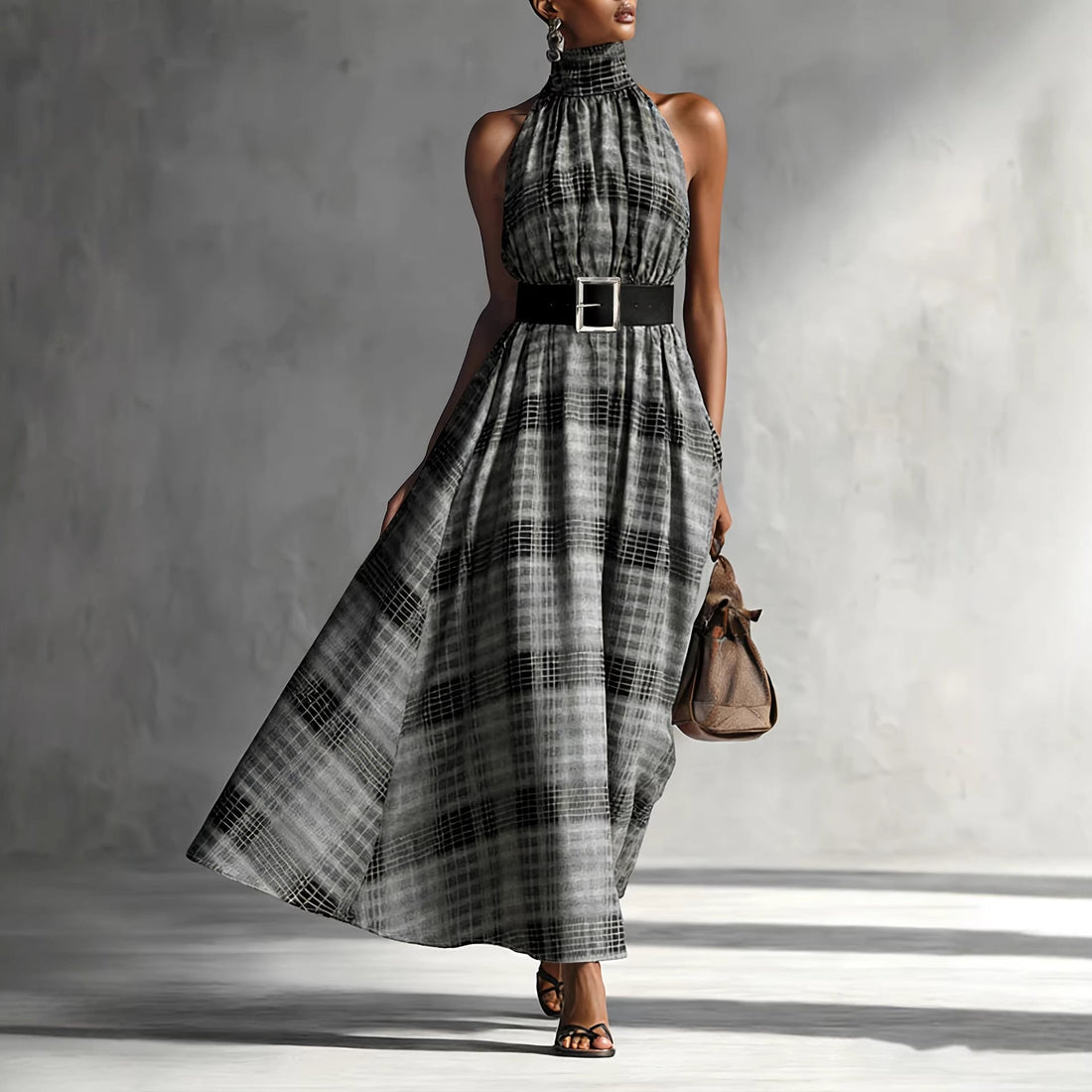 Halter Sleeveless Plaid High Waist Lace up Waist Draping Effect Large Hem A line Dress French Dress by Ragazza