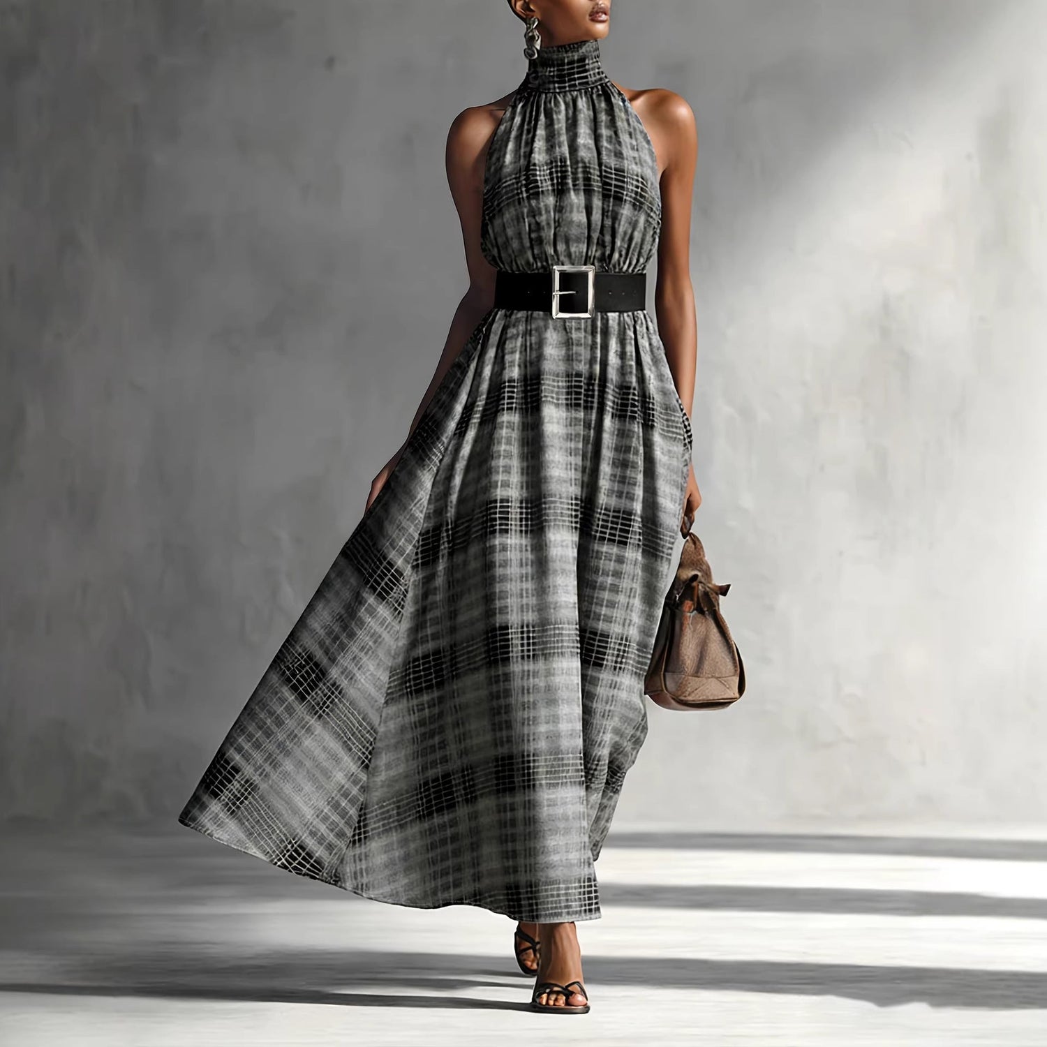 Halter Sleeveless Plaid High Waist Lace up Waist Draping Effect Large Hem A line Dress French Dress by Ragazza