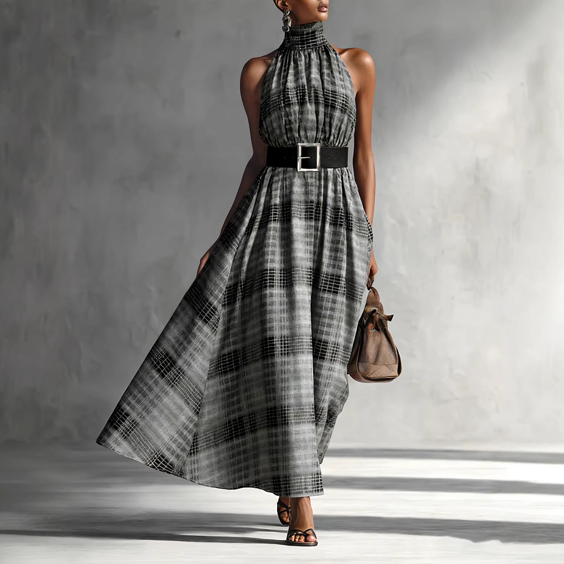 Halter Sleeveless Plaid High Waist Lace up Waist Draping Effect Large Hem A line Dress French Dress by Ragazza