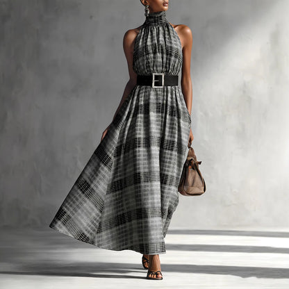 Halter Sleeveless Plaid High Waist Lace up Waist Draping Effect Large Hem A line Dress French Dress by Ragazza
