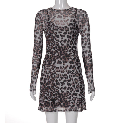 Women Autumn Personality Leopard Print Printed Mesh See through Dress by Ragazza