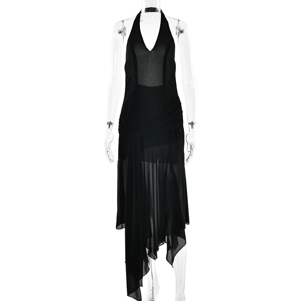 Summer Halter Chiffon See through Dress Sexy Deep V Plunge Ribbon Dress by Ragazza