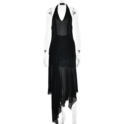 Summer Halter Chiffon See through Dress Sexy Deep V Plunge Ribbon Dress by Ragazza
