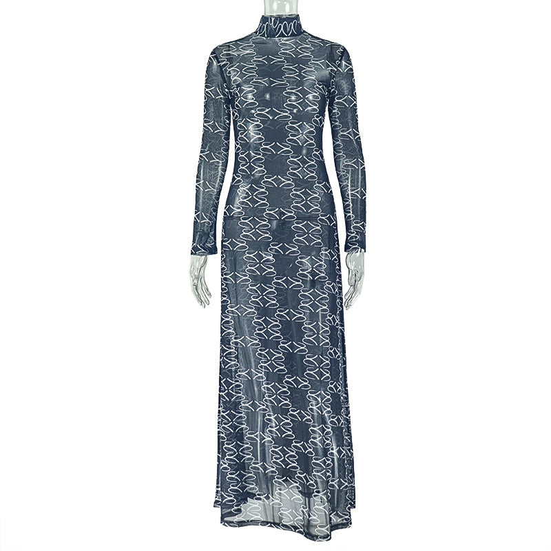 Women Clothing Slim Fit Printed Waist Controlled A line Dress Home Turtleneck Long Sleeve Breathable Dress by Ragazza