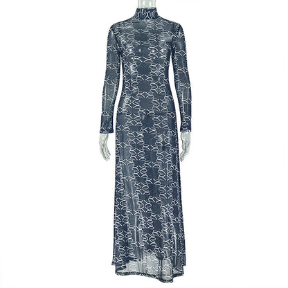 Women Clothing Slim Fit Printed Waist Controlled A line Dress Home Turtleneck Long Sleeve Breathable Dress by Ragazza