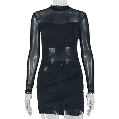 Sexy See through Women Solid Color Chest Wrapped Pleated Hip Dress Mesh Turtleneck Long Sleeve Dress  DestGlow