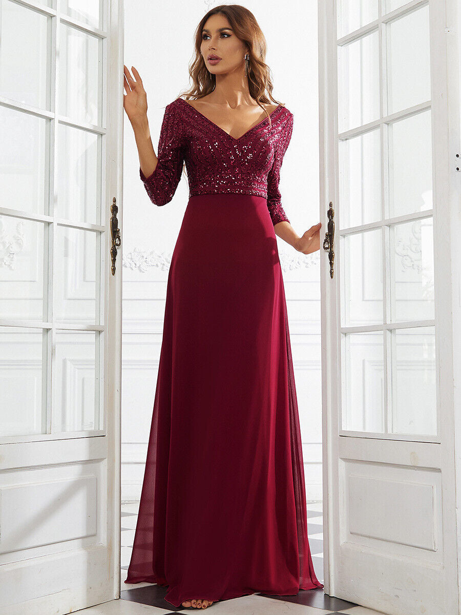 Middle East Women Chiffon Double V neck Dress A line Large Hem Sequin Stitching Evening Dress by Ragazza