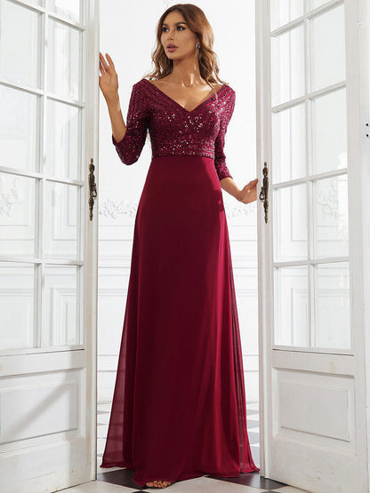 Middle East Women Chiffon Double V neck Dress A line Large Hem Sequin Stitching Evening Dress by Ragazza
