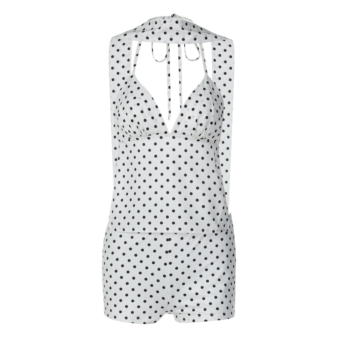 Women Clothing Winter Sexy Polka Dot Self Tie Vest Backless Slim Fit Shorts Two Piece Set by Ragazza