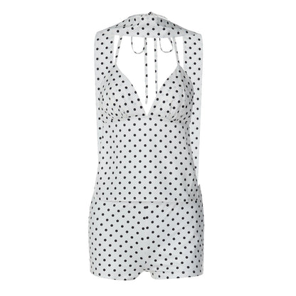 Women Clothing Winter Sexy Polka Dot Self Tie Vest Backless Slim Fit Shorts Two Piece Set by Ragazza