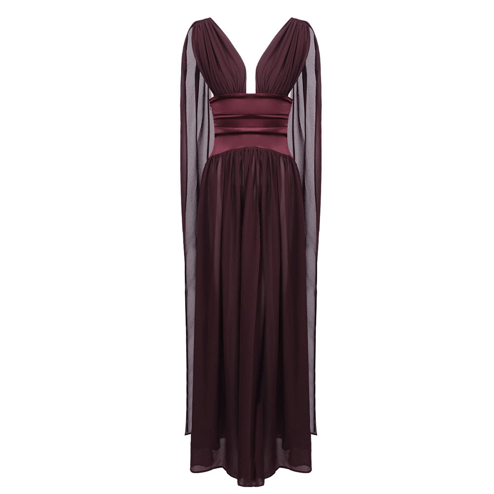 Wine Red Dress Women Summer Sleeveless Deep V Plunge Fitted High Waist Drape Chiffon Dinner Dress  DestGlow