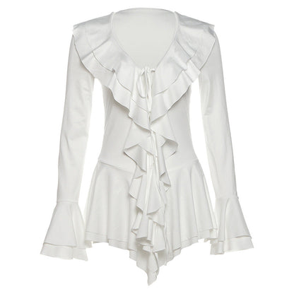 Fall Women Clothing V neck Slim Fit Tied Ruffled Flare Sleeve Dress by Ragazza