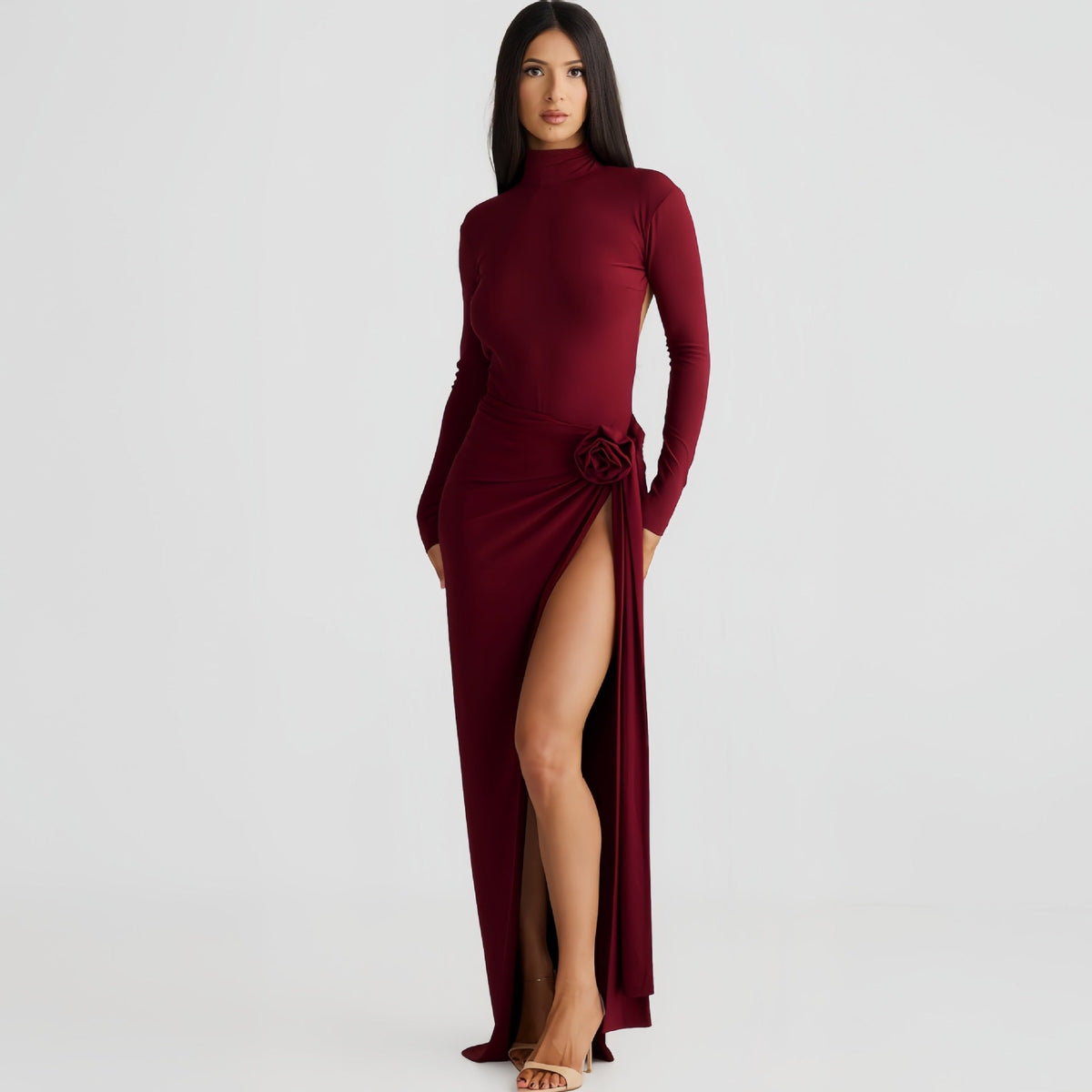 Autumn Women High Collar Backless Long Sleeves Jumpsuit Sexy Slit Dress  DestGlow