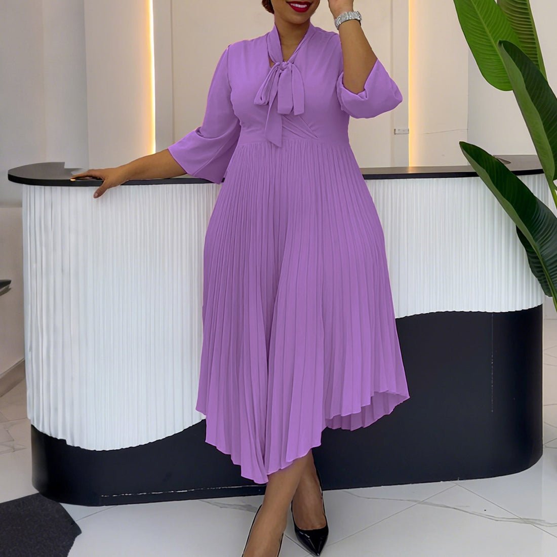 Three Quarter Sleeve Lace up Elegant Asymmetric Dress Pleated Dress by Ragazza