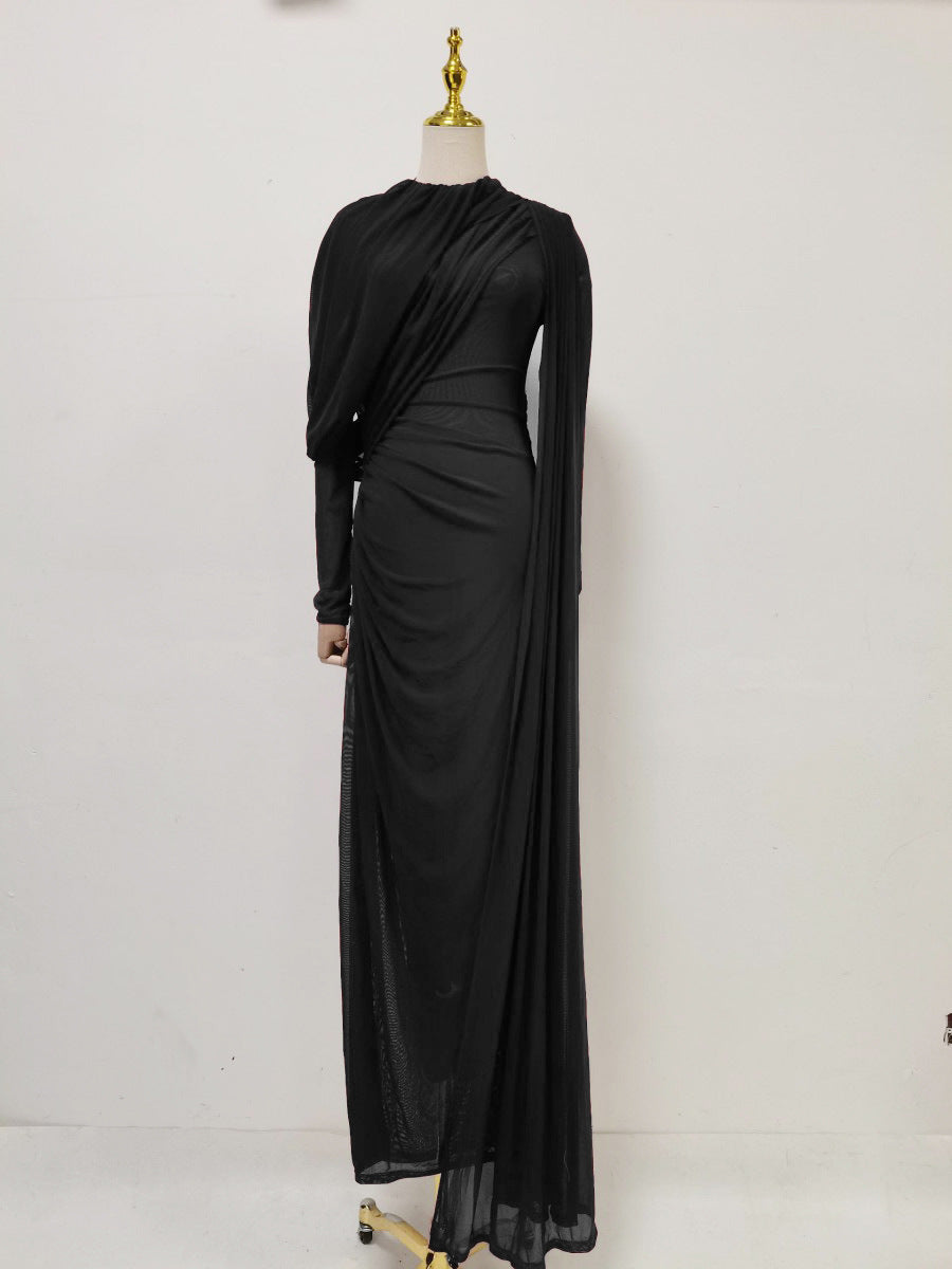 Dinner Light Luxury Formal Dress Autumn round Neck Stitching Pleated Nipped Waist Slimming Dress Women by Ragazza
