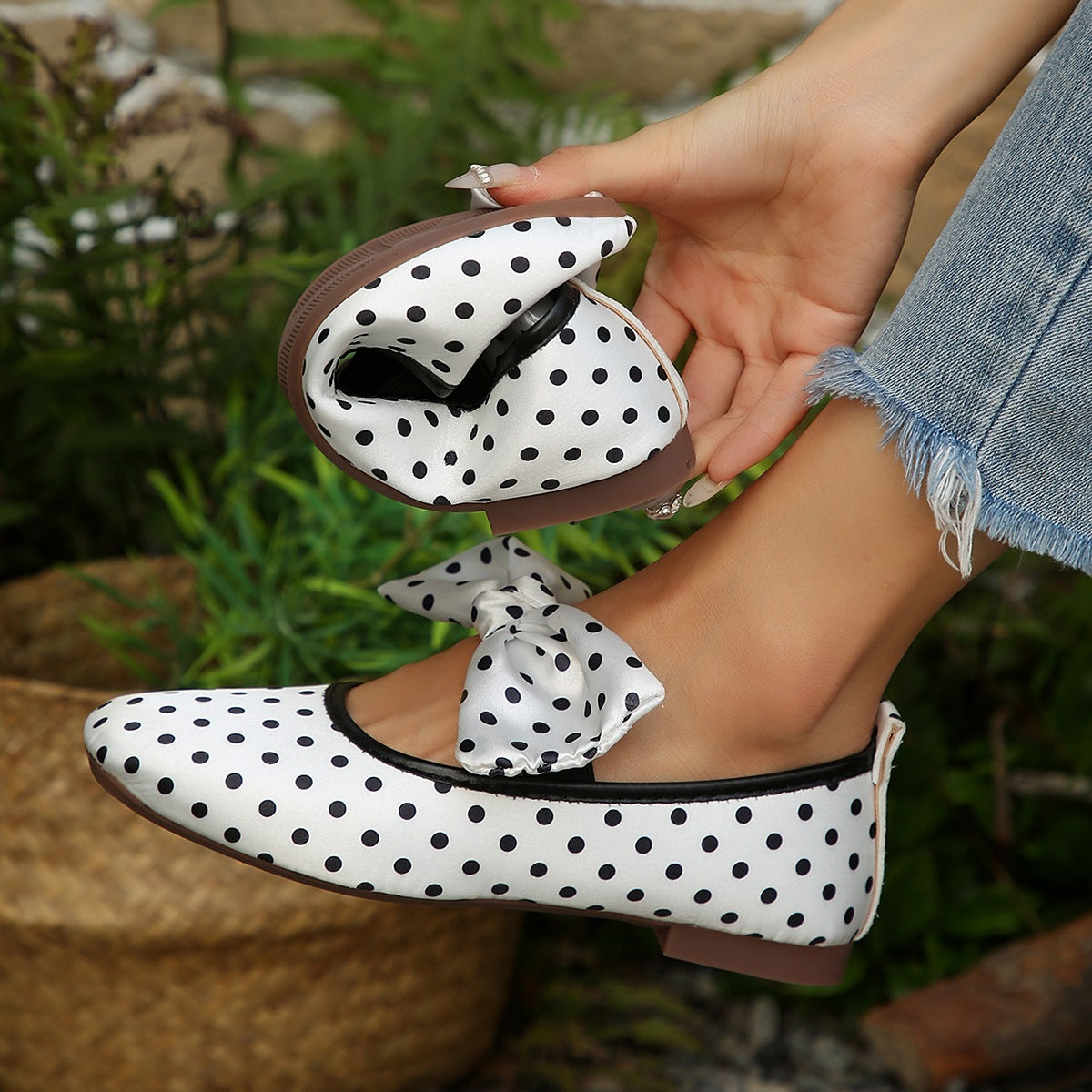 Black White Polka Dot Shallow Mouth Pumps Women Bow Mary Jane Ballet Breathable Boat Shoes  DestGlow