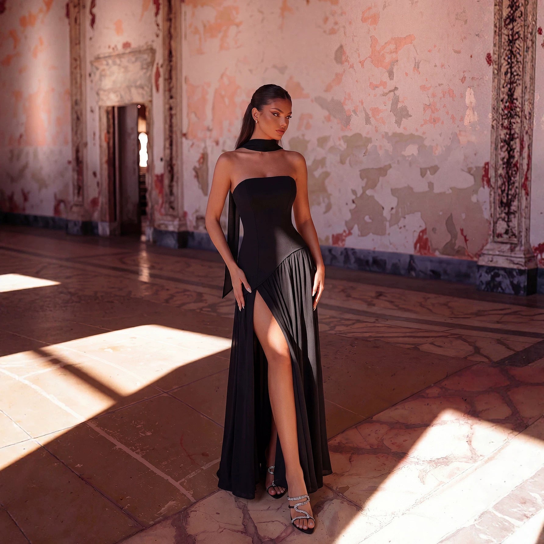 Sexy Halter Ribbon Tube Top Evening Dress Solid Color Draping Chiffon High Slit Mopping Cocktail Dress  DestGlow
