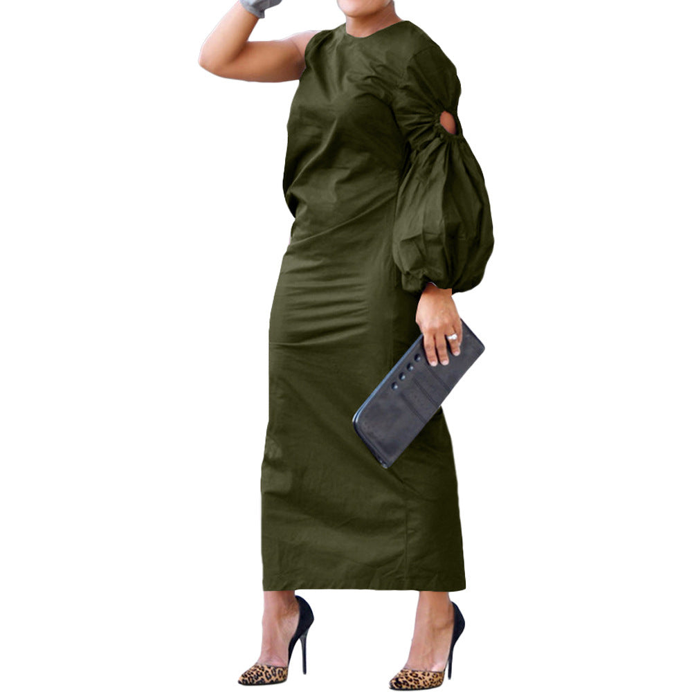 Women Clothing Autumn Solid Color Single Sleeve Hollow Out Cutout out Side Slit Dress