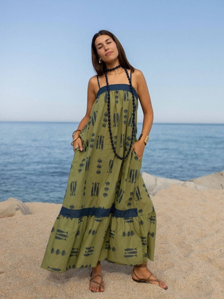 Dress Color Matching Print Holiday Large Swing Strap Dress for Women  DestGlow
