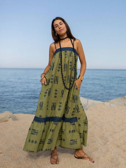 Dress Color Matching Print Holiday Large Swing Strap Dress for Women  DestGlow