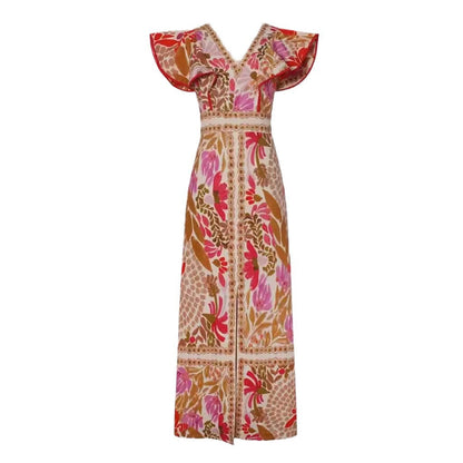 V neck Flounce Slit Positioning Floral Backless Dress by Ragazza