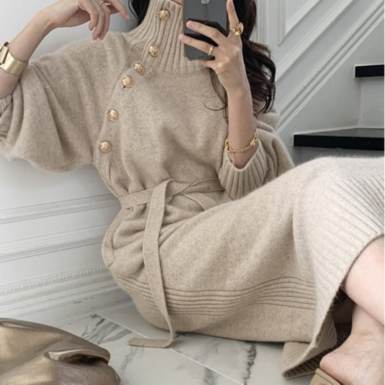 Japanese Korean Lace up Waist Trimming Knitted Dress Autumn Winter Loose Slimming All Matching Turtleneck Long Sweater for Women by Ragazza
