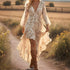 Women Clothing Bohemian V neck Irregular Asymmetric Hem Printed Long Sleeve Dress  DestGlow