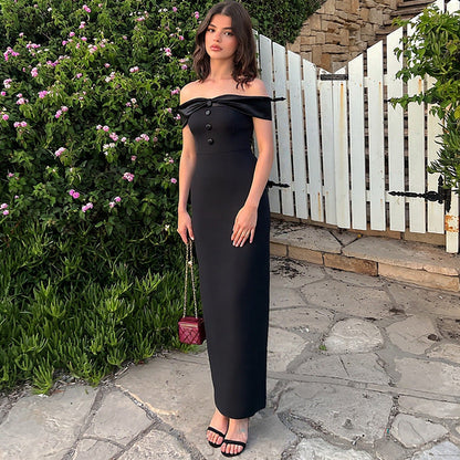 Women Clothing Summer off the Shoulder Gown Back Slit Slim Fit Maxi Dress by Ragazza
