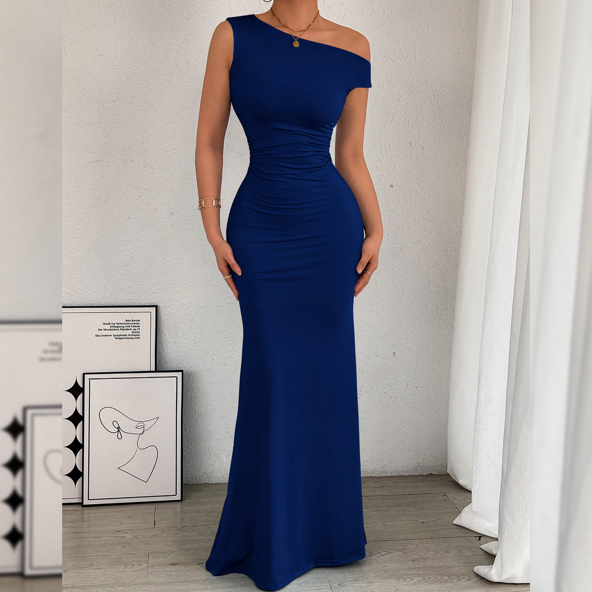 Women Fishtail Dress Slant Shoulder Collar Waist Pleated Sleeveless Sexy Dress by Ragazza
