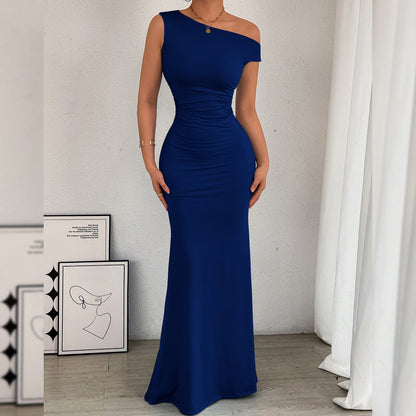 Women Fishtail Dress Slant Shoulder Collar Waist Pleated Sleeveless Sexy Dress by Ragazza