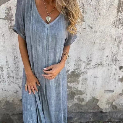 Cotton Linen V neck Semi Formal Dress by Ragazza