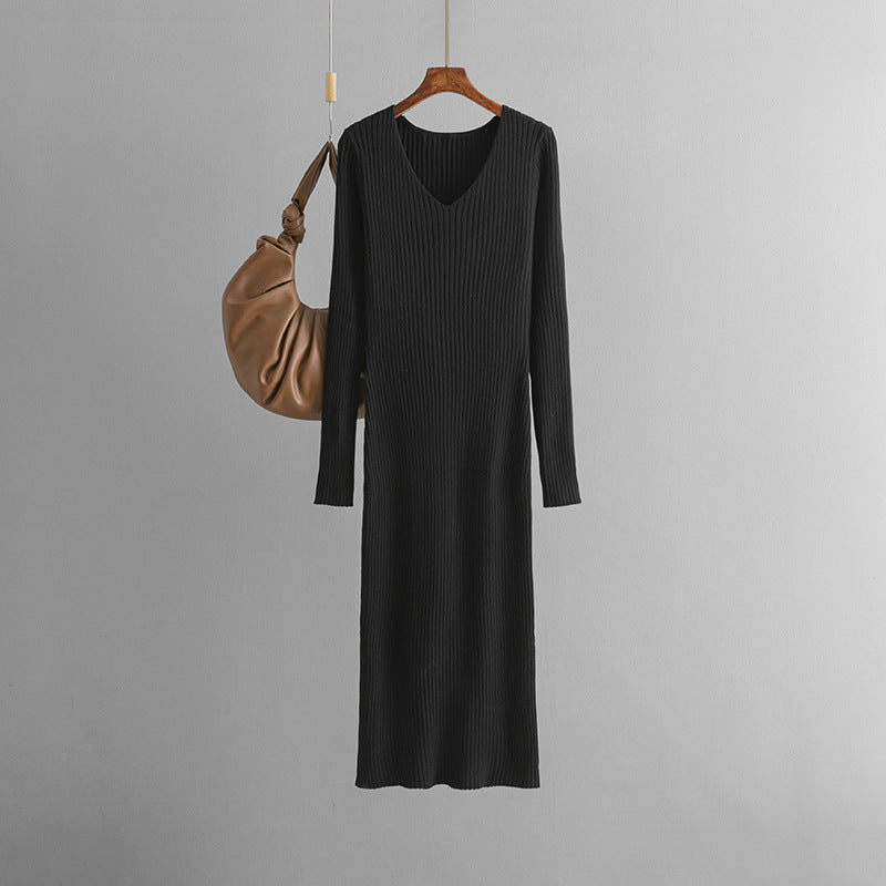 Autumn Winter V neck Knitted Dress Outer Wear Straight Slimming Long Sleeve Sunken Stripe Slit Base Overknee Sweater Dress by Ragazza