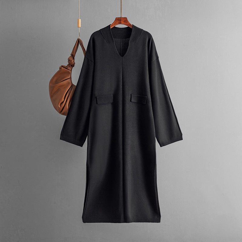Autumn Winter V neck Solid Color Casual Loose Knitted Dress Split Long Sleeve Long Dress  DestGlow