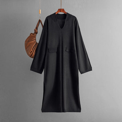 Autumn Winter V neck Solid Color Casual Loose Knitted Dress Split Long Sleeve Long Dress  DestGlow