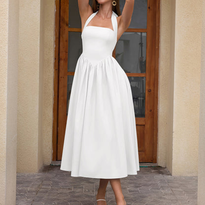 Vacation Elegant Halter Tied Slim Fit Slimming Dress Sexy Backless Solid Color Midi Dress by Ragazza