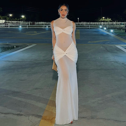Spring Evening Sheer Mesh Sexy Solid Color Sheath Women Dress by Ragazza