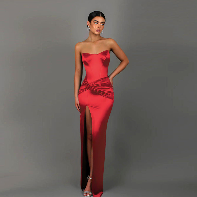 Autumn Socialite Elegant Sexy Twisted Waist Split Tube Top Satin Dress by Ragazza
