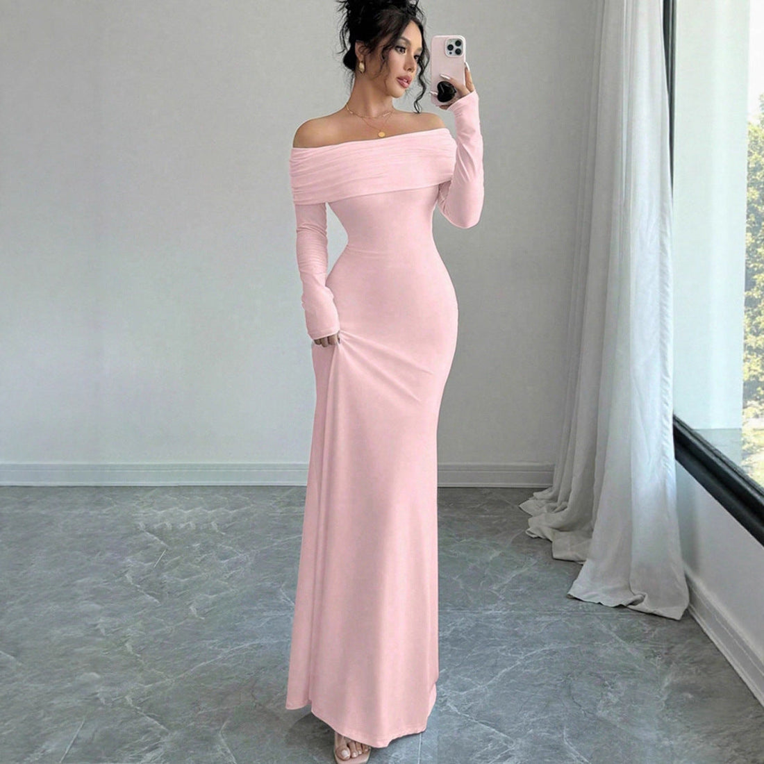 Women Clothing Autumn off Shoulder Four Sided Stretch Dress Tight off Shoulder Long Formal Dress by Ragazza