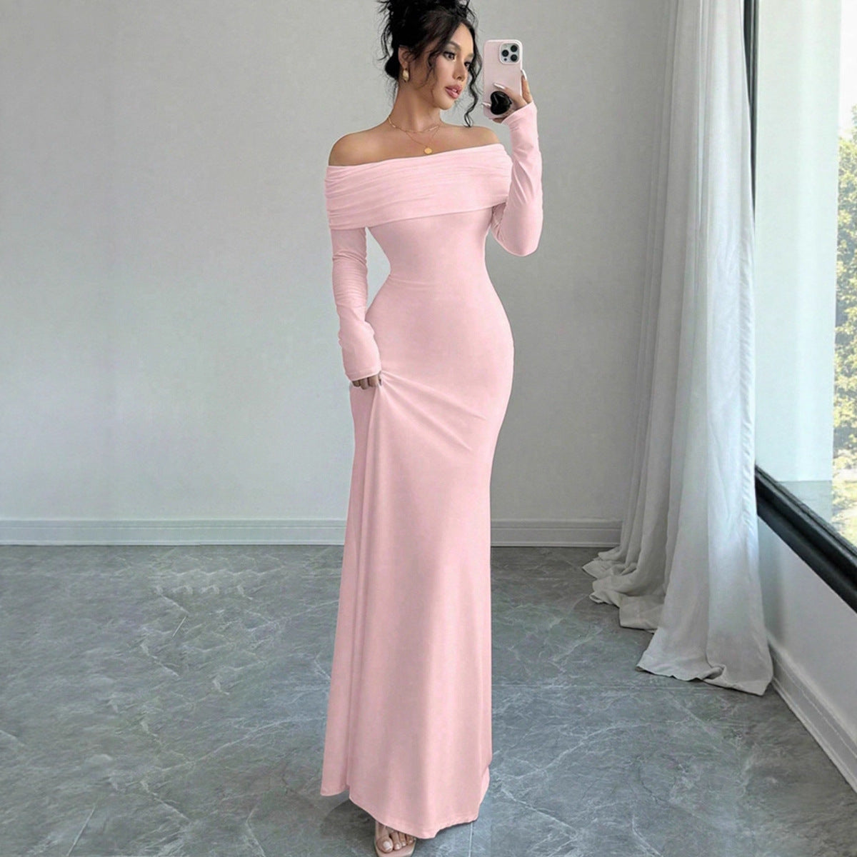 Women Clothing Autumn off Shoulder Four Sided Stretch Dress Tight off Shoulder Long Formal Dress by Ragazza