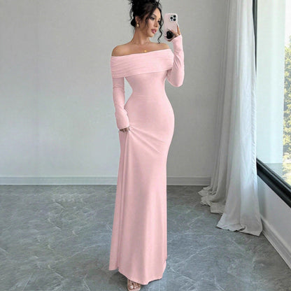 Women Clothing Autumn off Shoulder Four Sided Stretch Dress Tight off Shoulder Long Formal Dress by Ragazza